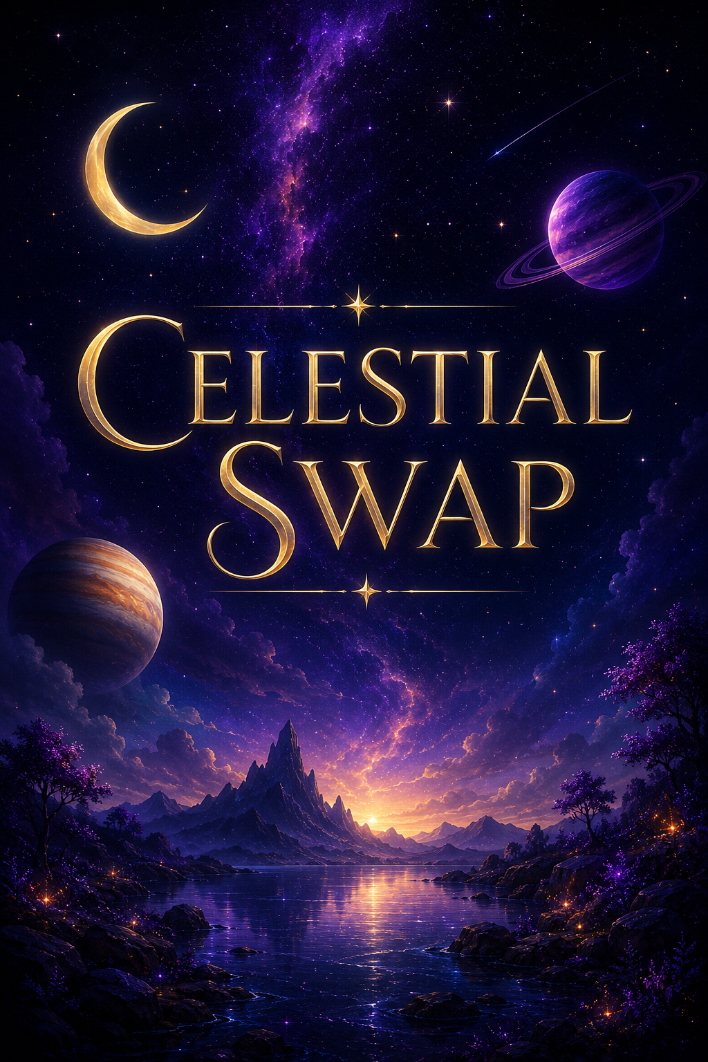 “Celestial Swap title artwork showing gold lettering over a star-filled purple night sky with a crescent moon, planets, mountains, and a glowing lake.”