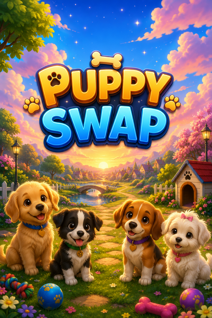 Puppy Swap title artwork showing four smiling puppies in a colorful park beneath large playful lettering.