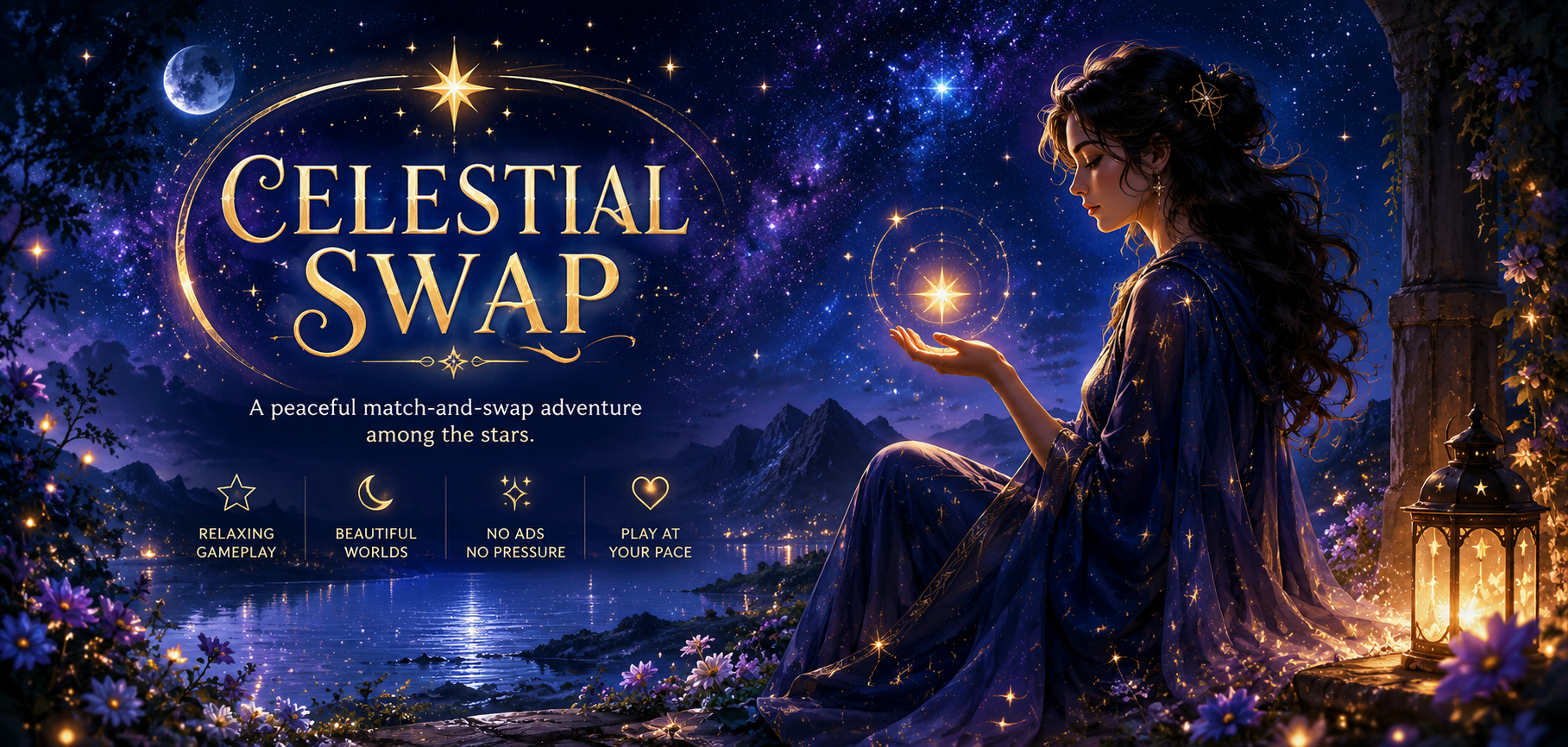 Celestial Swap promotional banner with a calm starry space theme.
