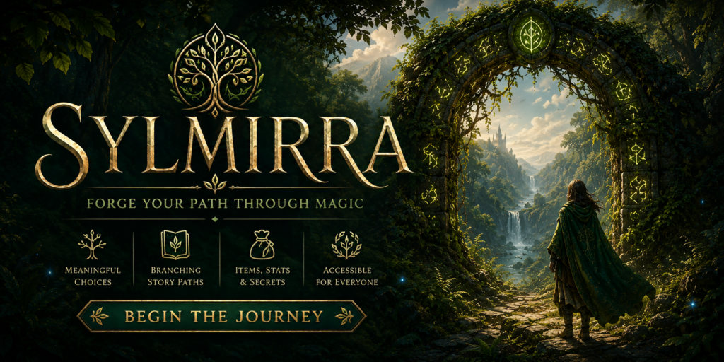 Promotional artwork for Sylmirra showing a traveler standing before a glowing rune-covered arch in an ancient forest. Beyond the arch, a magical valley and distant castle await. The title reads "Sylmirra – Forge Your Path Through Magic."
