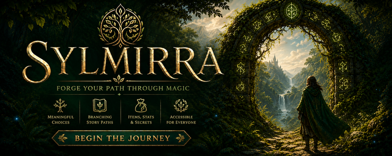 Promotional artwork for Sylmirra showing a traveler standing before a glowing rune-covered arch in an ancient forest. Beyond the arch, a magical valley and distant castle await. The title reads Sylmirra – Forge Your Path Through Magic.